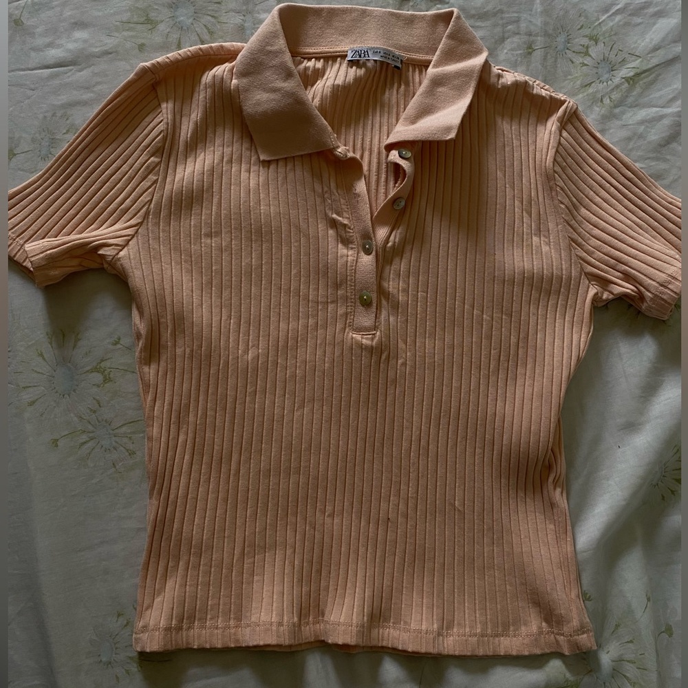 Zara Light Salmon Pink Ribbed Collared Fitted Short Sleeve